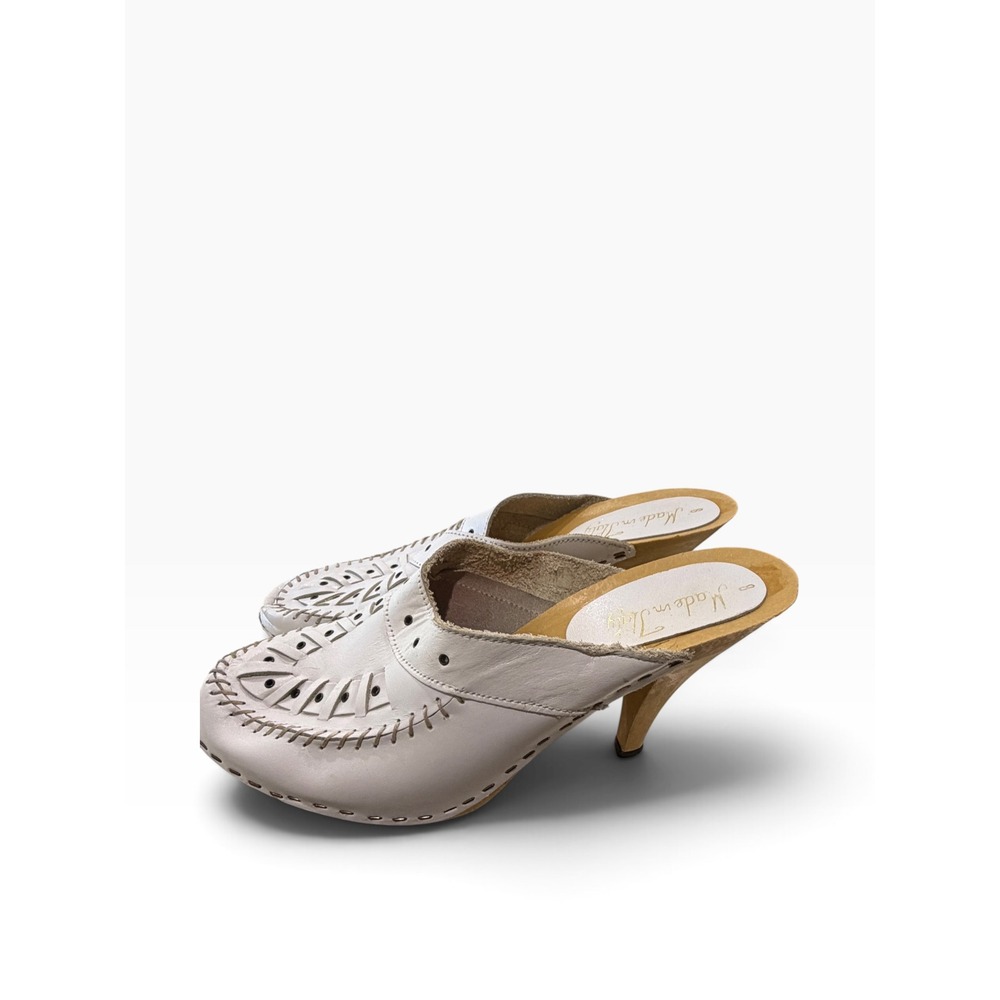 Vintage Italy White Leather Woven Mule Heels Pointed Wood Toe Boho Rustic Earthy